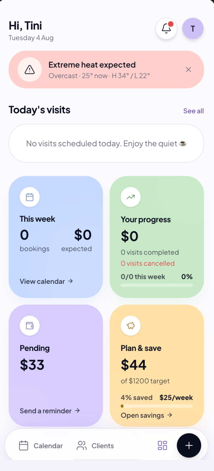 whataday app home screen showing today's visits, weekly bookings, pending payments and savings goal