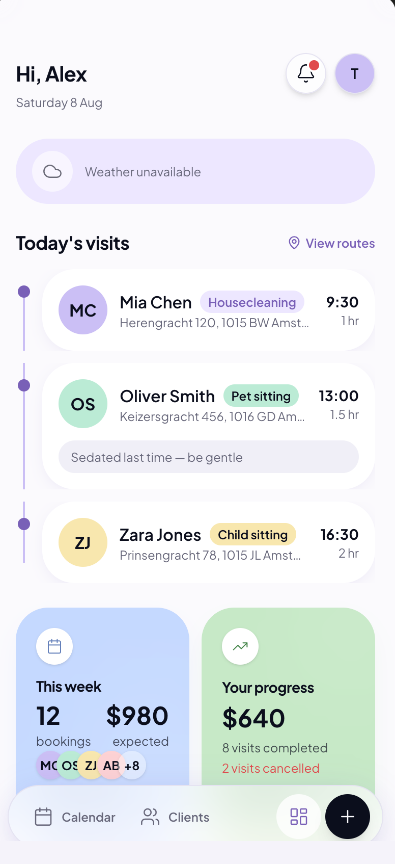 whataday app showing today's visits timeline with clients, times and weekly earnings